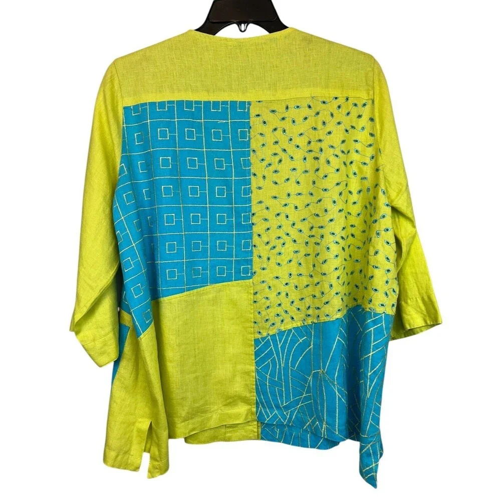 Ali Miles Vintage Turquoise & Lime Linen Lagenlook Shacket Jacket Top Size 1X